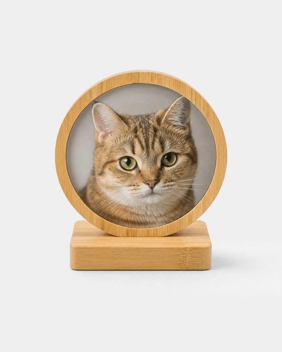 Cadre photo bambou rond personnalisé avec portrait de chat - exemple de personnalisation