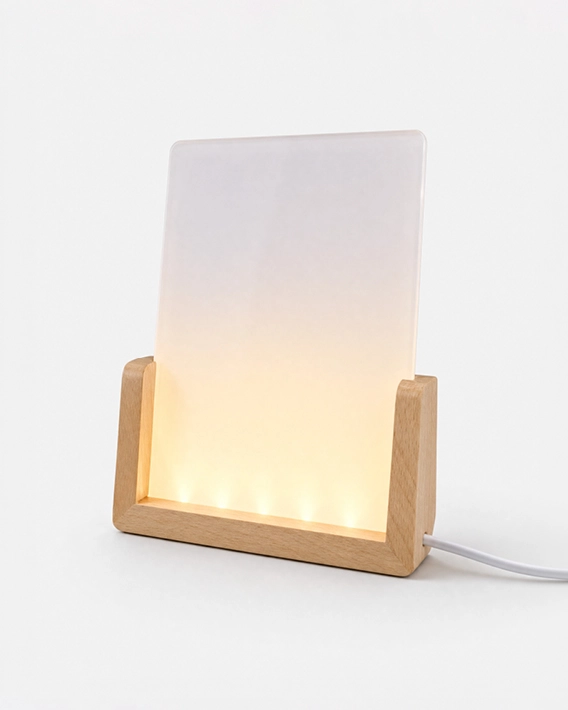 Cadre photo LED en verre et socle bois personnalisable