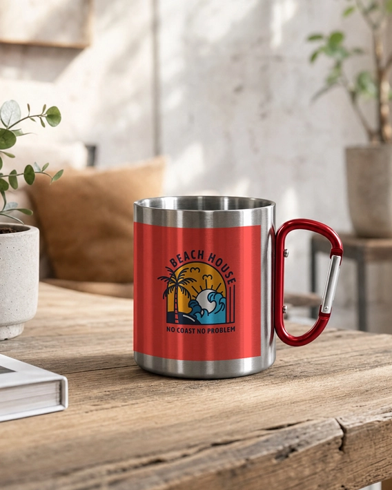Mug inox personnalisable avec mousqueton rouge
