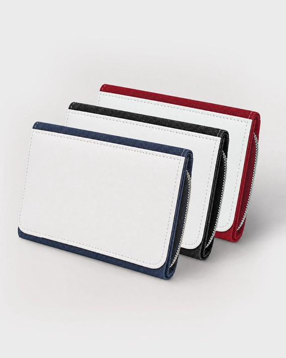 Trois coloris du porte-feuille jean personnalisable : noir, bleu et rouge