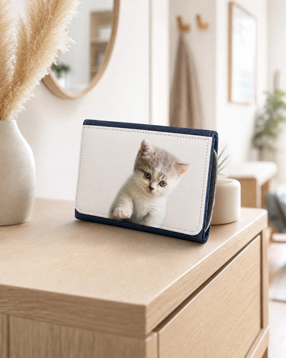 Porte-feuille jean personnalisé noir avec photo imprimée exemple de visuel
