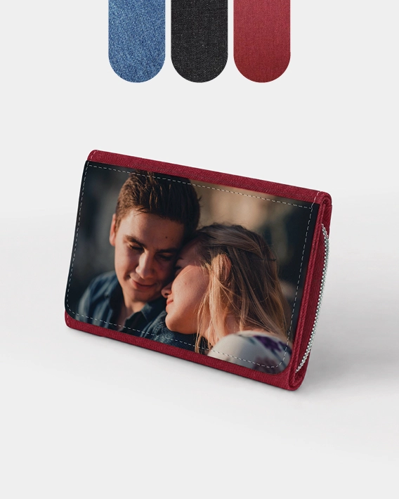 Porte-feuille jean rouge avec impression personnalisée - exemple visuel