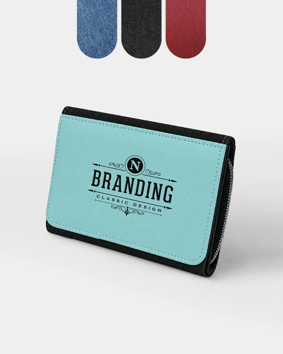 Porte-feuille jean personnalisé bleu avec logo imprimé - exemple de visuel
